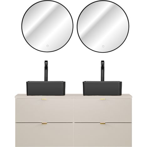 Badmöbel Set 3-teilig mit 120 cm Doppelwaschtisch & 2 LED-Spiegel, in Beige - DURANGO-56 (1/5)