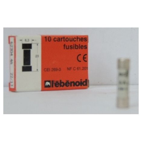 Fusible 4A cartouche 6.3X23mm gG usage domestique (boite de 10) 6kA 230V sans voyant EBENOID 062304 (1/2)