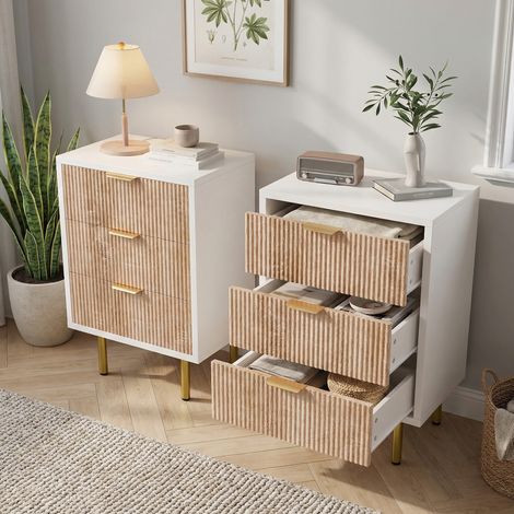 Set 2 cassettiera 3 cassetti, cassettiera 40cm, cassettiere e madie, design rigato in legno e bianco, mobile contenitore per camera, soggiorno e ingresso, stile scandinavo, Rovere Chiaro