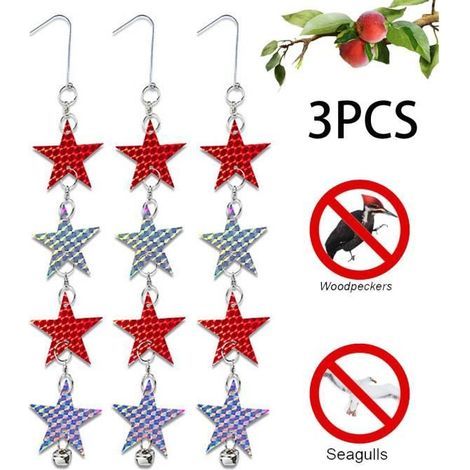 Bird repellent, scarecrow, reflective star-shaped deterrents to hang, anti-pigeon bells for terraces.
