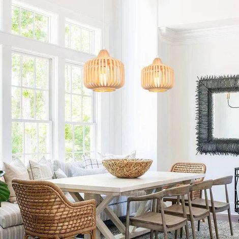 Lot de 2 Suspension en Bambou Tissage, Lustre Style Scandinave Abat-jour Lampe de plafond Vintage pour Chambre Salle à Manger (1/5)