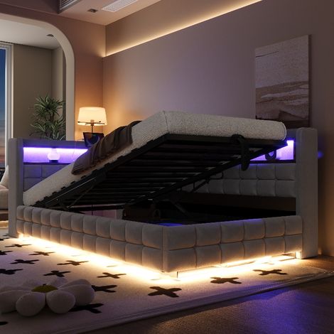 Multifunktionales Polsterbett 90x200 cm Schlafsofa mit hydraulischem Stauraum, LED-Beleuchtung, Steckdose & Holzregal, Samtbett Hellgrau (1/5)