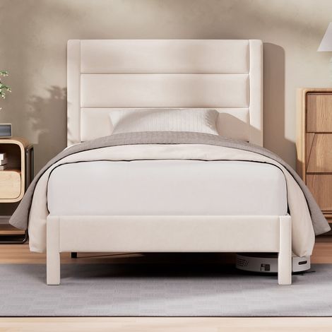 Cama Tapizada Individual 90x200 cm con Cabecero Tapizado, Espacio bajo la Cama, 10 Láminas de Madera Maciza, Terciopelo Beige (1/5)