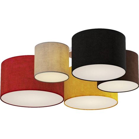 Plafonnier tissu 5 lampes E27 multicolore – Abat-jours en textile rouge/jaune – Pour salon et salle à manger – 93cm de large