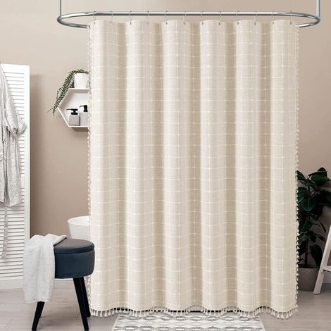 Tenda da doccia con nappe in stile bohémien, in tessuto di lino, decorazione per il bagno, 92 x 183 cm (beige) (1/4)
