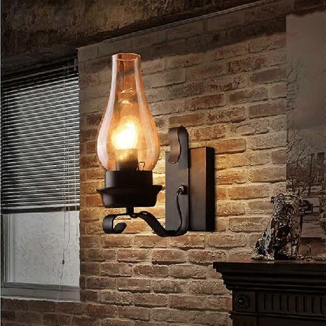 Rustikale Wandleuchte im Landhausstil mit bernsteinfarbenem Glasschirm, Vintage-Industrie-Stil, festverdrahtete Wandlaterne, Bronze