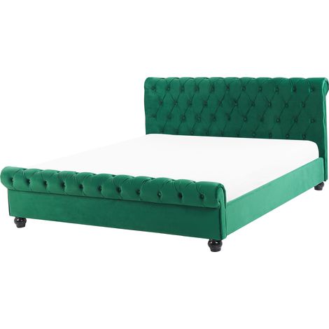 Cama doble tapizada en terciopelo verde 160 x 200 cm con cabecero acolchado estilo glam Avallon (1/5)