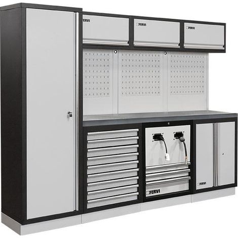 Mobiliario taller modular con tapa de acero inox armarios cajones. Fervi A008UF