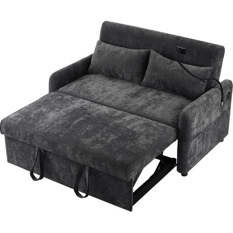 Divano letto 2 posti in ciniglia grigia, schienale regolabile, USB, porta cellulare HOMVRA (1/5)