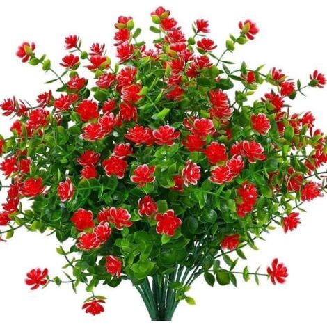 Lot de 12 fleurs artificielles en buis avec protection UV pour décoration intérieure et extérieure - Rouge (1/4)