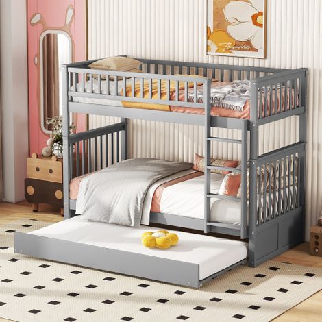 Litera 90x200 cm, cama infantil 3 plazas con cama nido, barandillas altas y escalera estable, color gris (1/5)