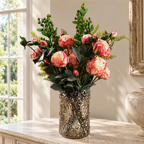 70cm Artificial Pink Peony Arrangement Glass Vase Premium (1/5)