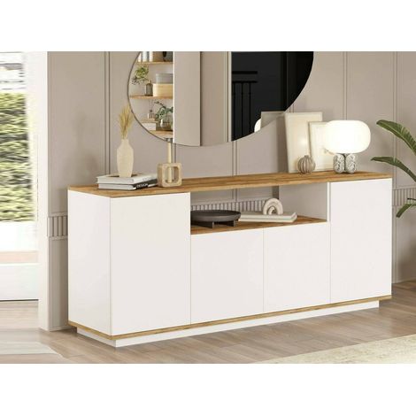 Dmora - Kommode Nekkar, Wohnzimmerbuffet, Wohnzimmer-Sideboard, Moderne Küchen-Speisekammer, 180x45h75 cm, Eiche und Weiß, mit verstärkter Verpackung (1/5)