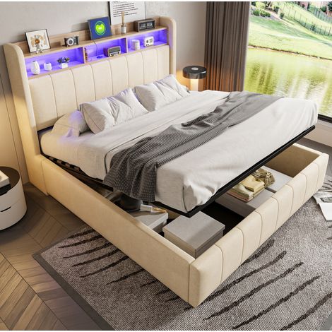 Letto imbottito 160x200 cm in lino beige con LED, USB e contenitore idraulico (1/5)