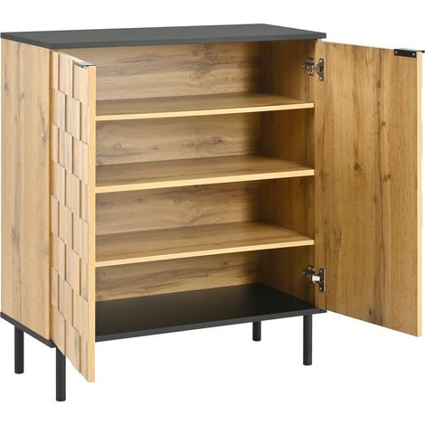 Zapatero de 2 puertas con estantes regulables efecto madera y patas metálicas 80x35x91,5 cm (1/5)