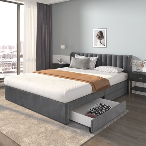 Letto imbottito 180 x 200 cm in velluto con rete a doghe, testiera, 2 cassetti, grigio per camera(Senza materasso) (1/5)