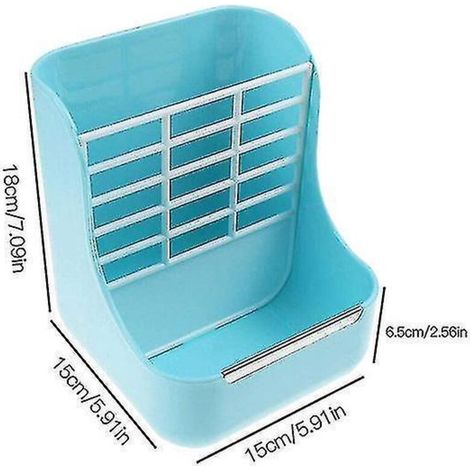 Mangeoire en plastique pour petits animaux avec support à herbe, amovible et 2 en 1, avec support à herbe et mangeoire fixe bleue. (1/5)