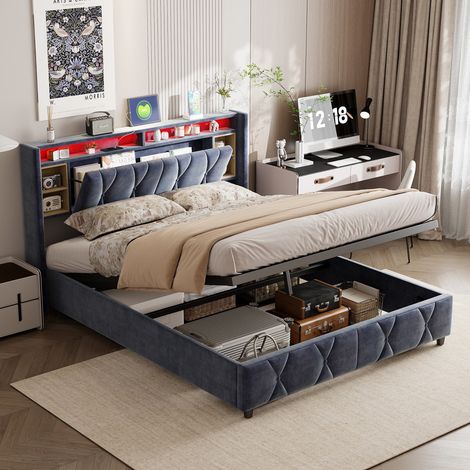 Letto matrimoniale imbottito 140x200 cm, velluto, con ricarica USB+type-C, illuminazione LED, Letto matrimoniale 2 piazze, testiera contenitore, letto adulto moderno, Grigio (1/5)