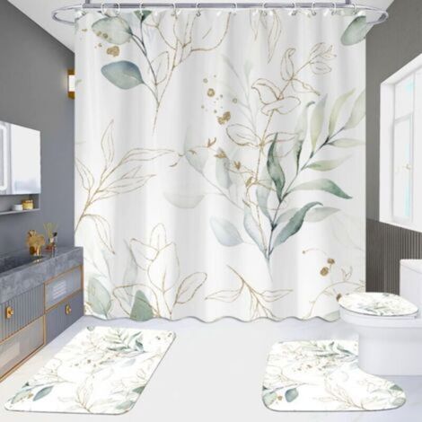Sage green eucalyptus shower curtain, spring plant leaves shower curtain, waterproof fabric, green and gold watercolor shower curtain with hooks, 180 x 180 cm (1/5)