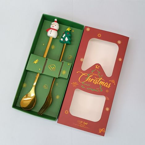 Coffret cadeau cuillère et fourchette en acier inoxydable sur le thème de Noël (ensemble de 2 pièces : bonhomme de neige et sapin) (1/4)