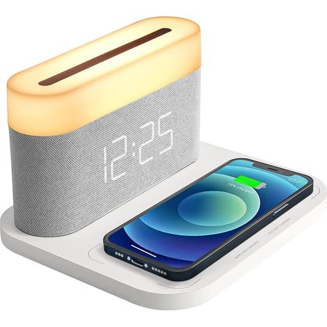 Réveil multifonction avec chargement sans fil, lampe de chevet tactile 15 W max, veilleuse 3 couleurs pour chambre, table de chevet, bureau (blanc) (1/5)