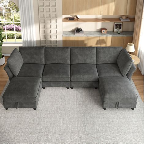 Divano angolare modulare 289/137/84 cm grigio in ciniglia con 2 pouf contenitore, configurazione a U o L (1/5)