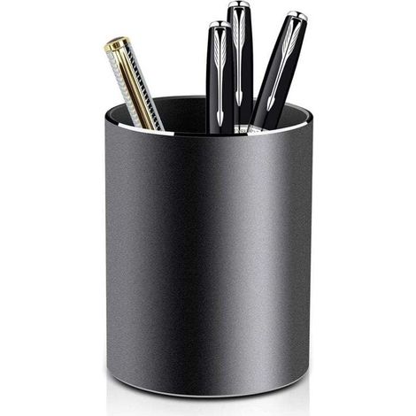 Pot à Crayon en Métal Rond Porte-crayons et Porte-stylo en Aluminium pour Bureau, Enfant et École - 8 x 10 cm - Design Élégant Noir