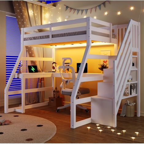 Lit mezzanine 90/200 cm blanc en bois avec bureau, éclairage intégré et escalier de rangement (1/5)