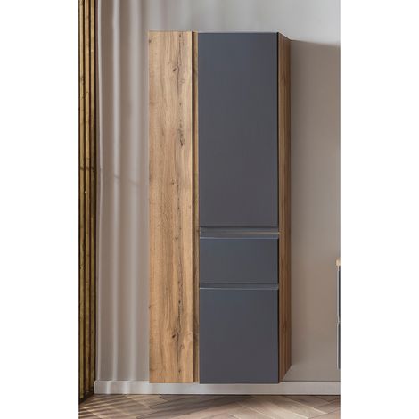 Badezimmer Hochschrank mit Schublade 65cm VASTO-03-GREY in Wotan Eiche Nb. mit grau matt, B/H/T ca. 65/180/35 cm (1/5)