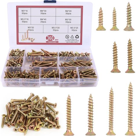 Assortimento di viti per legno, 360 pezzi, viti autofilettanti per legno, testa svasata M3/M3.5/M4, set di viti a testa svasata (1/5)