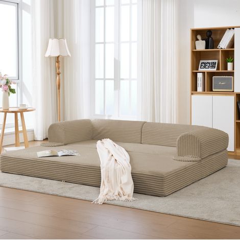 Sofà letto 2 posti marrone in tessuto a coste con design convertibile e struttura salvaspazio (1/5)
