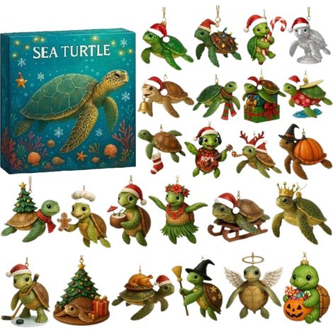 Calendriers De L'Avent De La Tortue De Mer 2026, Calendrier De Compte À Rebours De Noël Avec 24 Pièces 2d Acryliques Ornements De Tortue De Mer, Pour Voiture Rétroviseur Mur Porte (1/5)