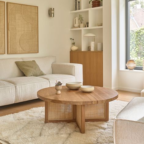 Berah Getah – Table basse ronde en teck massif 100 cm – Pied en cannage – Hauteur 38 cm – Élégance vintage et contemporaine (1/4)