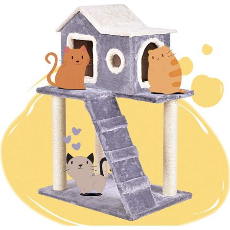GOPLUS Arbre a Chat de 2 Couches, 3 Griffoirs Enveloppes par Corde en Sisal, Niche avec 2 Entrees et Escalier, Grattoir Facile a Monter et a Descendre, 60 x 45 x 88CM, Gris (1/5)