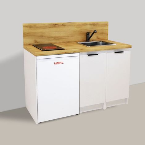 Inoval – Kitchenette blanche 140cm – Meuble bas mélaminé 16mm – Plaque vitrocéramique 3000W – Réfrigérateur table top 106L – Évier inox 39x45cm (1/4)