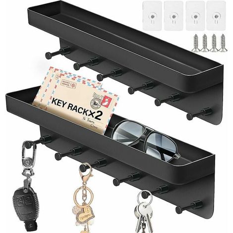 2er-Set Wandschlüsselhalter mit 6 Haken, Wandschlüsselhalter aus Metall mit Ablagefach, Wandgarderoben-Zeitungsständer ohne Bohren, für Wohnzimmer, Badezimmer, Küche, Schwarz (1/5)