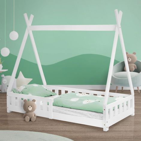 ML-Design Cama Infantil Tipi 80x160 cm con Protección Anticaída y Somier Estructura Listones de Madera de Pino Maciza Blanca Lecho de Suelo Forma de Casa Mobiliario Juego Tienda de Campaña Niños