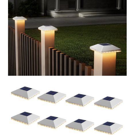 Lot de 8 lampadaires solaires pour poteau 7 x 7, 9 x 9, 10 x 10 cm, étanchéité IP65, lumière automatique du crépuscule à l'aube, lampe solaire pour boîte aux lettres, jardin, allée