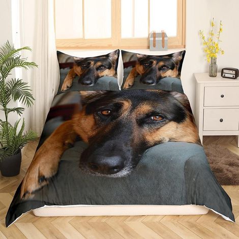 Ensemble de literie 200x200cm Berger Allemand Motif chien 3D avec 2 taies d'oreiller