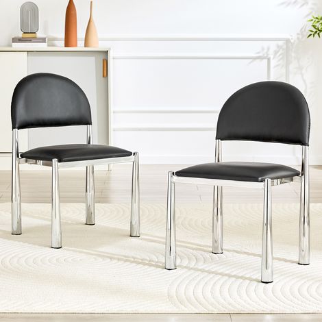 Set de 2 sillas de comedor en cuero regenerado negro con respaldo semicircular acolchado y patas metálicas, 80 cm de alto, para cocina moderna – CHICFURN (1/5)