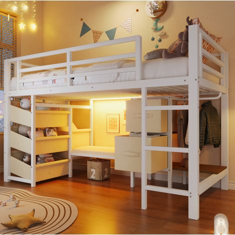 Lit mi-hauteur métal blanc 90x200 cm avec LED multicolore, coussin d'assise et rangements, sans matelas (1/5)