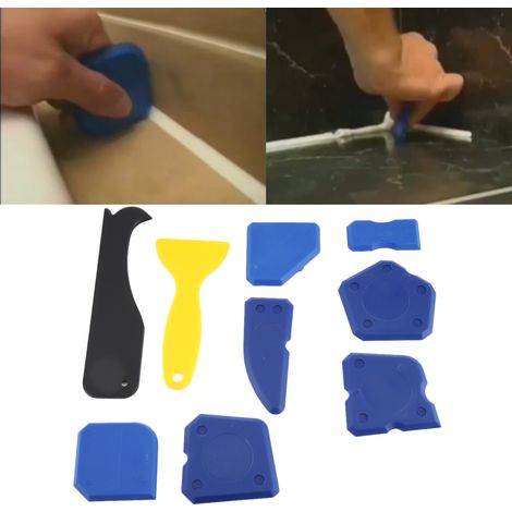 Kit de 9 outils de nettoyage et de finition pour joints de silicone, comprenant un grattoir à verre et un dissolvant pour mastic silicone. (1/5)