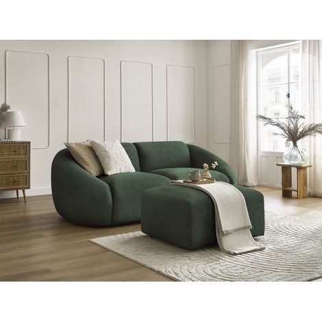 BOBOCHIC - Canapé droit fixe 2 places TINA velours côtelé avec pouf Vert (1/5)
