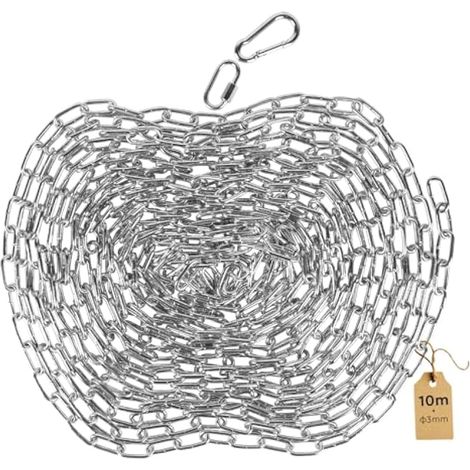 Chaîne en acier galvanisé de 10 m de long et de 3 mm de diamètre, avec anneau rapide M3 et mousqueton à ressort, idéale pour les laisses de chien, les chaînes de séparation, les poignées de lampe et l (1/5)