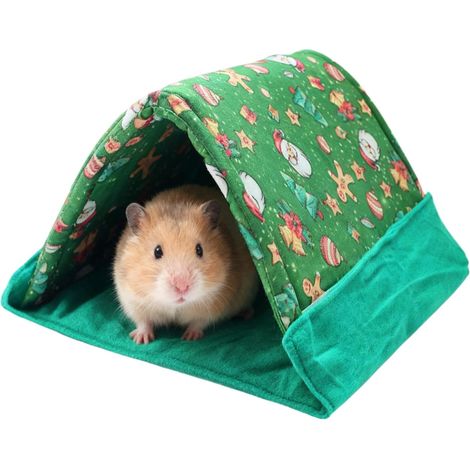 Tente de rongeur 2 en 1 à imprimé de Noël vert (32×19 cm) – Zone de couchage et de cachette douce et réglable pour les hamsters, les gerbilles et les lapins (1/5)