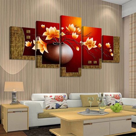 Tableau En Toile - Vase De Fleurs - Décoration Murale Salle De Séjour - Lot De 5 - 30x40cm X2 30x60cm X2 30x80cm X1 (1/3)