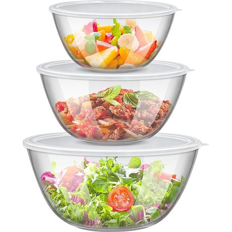 Lot de 3 Bols Mélangeurs en Verre Borosilicate avec Couvercles – Saladiers Gigognes 2L, 2,5L et 4,2L – Récipients de Préparation et Conservation pour Pâtisserie – Résistant au Four et Micro-ondes (1/5)