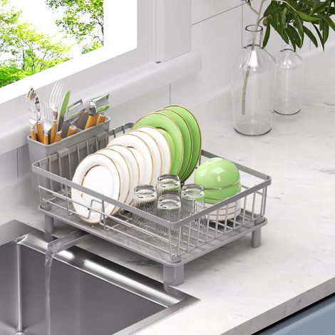Egoutoire Vaisselle Cuisine,Égouttoir à en Acier Inoxydable avec Porte-Ustensiles,Egouttoir Plateau d'égouttage,Drainage Automatique,Rangement et Organisation de Cuisine Gris S'Gris S'Gris'S