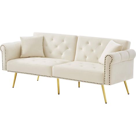 Divano letto 2 posti velluto beige, schienale 3 posizioni, gambe dorate HOMVRA (1/5)