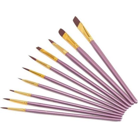 Pinceau De Peinture - Nylon - Poignée Bois - Pour Aquarelle Acrylique Huile - Enfants Adolescents - 10 Pièces (1/4)